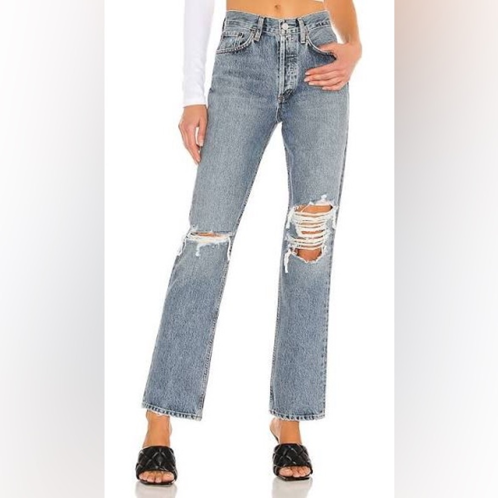 Agolde Light Blue Distressed Straight Leg Jeans